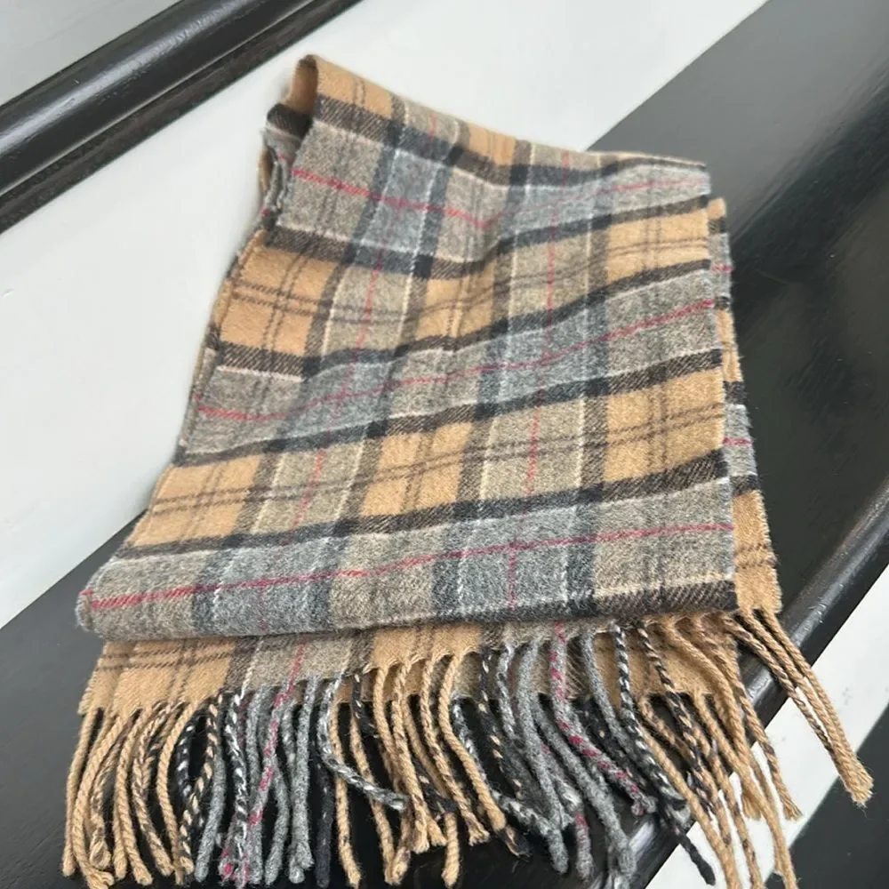 Barbour 100% Lambs Wool Scottland plaid tan unisex scarf fringe clean no smoking - Picture 5 of 5